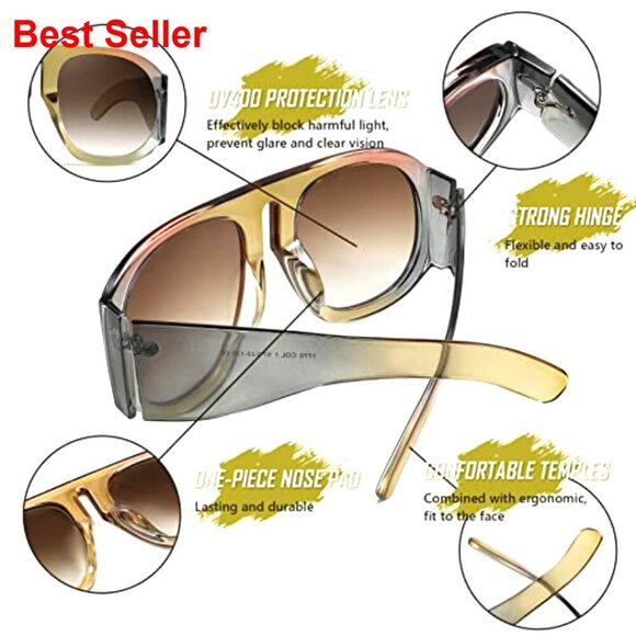 Oversized Retro Aviator Sunglasses with UV400 Protection Shield Frame